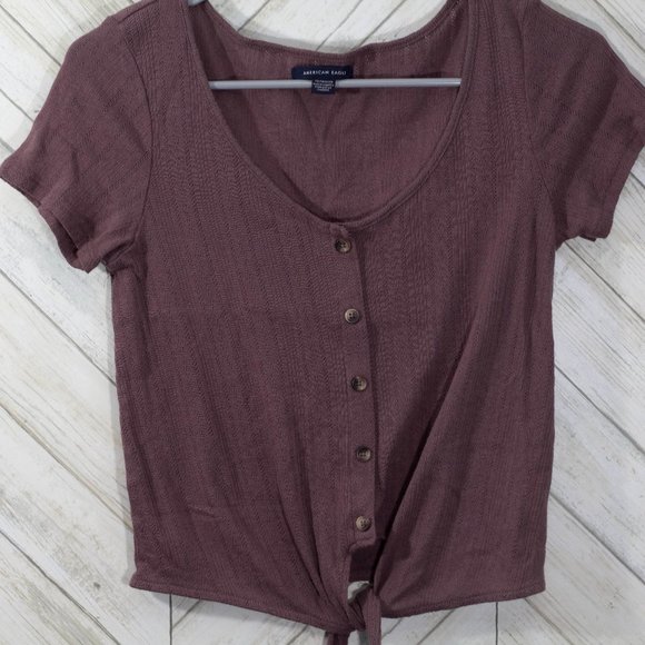 American eagle taupe button up short sleeve tee with tie on front Size XS - Picture 1 of 5